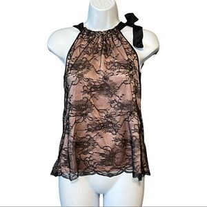 Trina Turk Lace Necktie Halter Top Small Black Tan